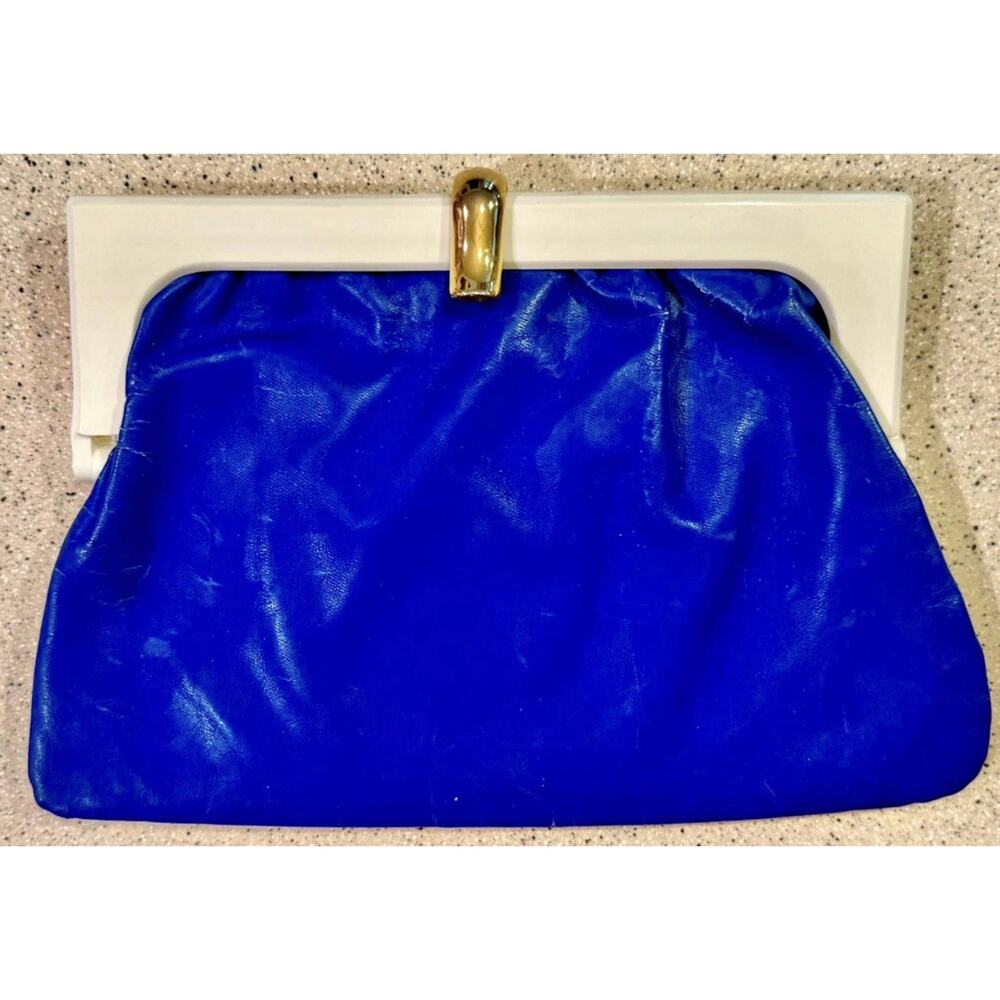 Vintage Carla Marchi Blue Leather Puffy Evening Bag Lucite Frame Clutch Italy